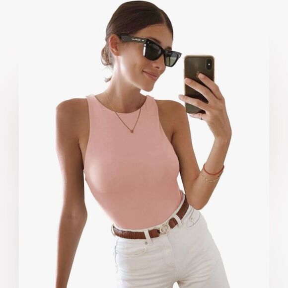 Reoria Womens Size Medium Pink Rose Tank Bodysuit Halter Neck Sleeveless Smooth - Picture 2 of 11